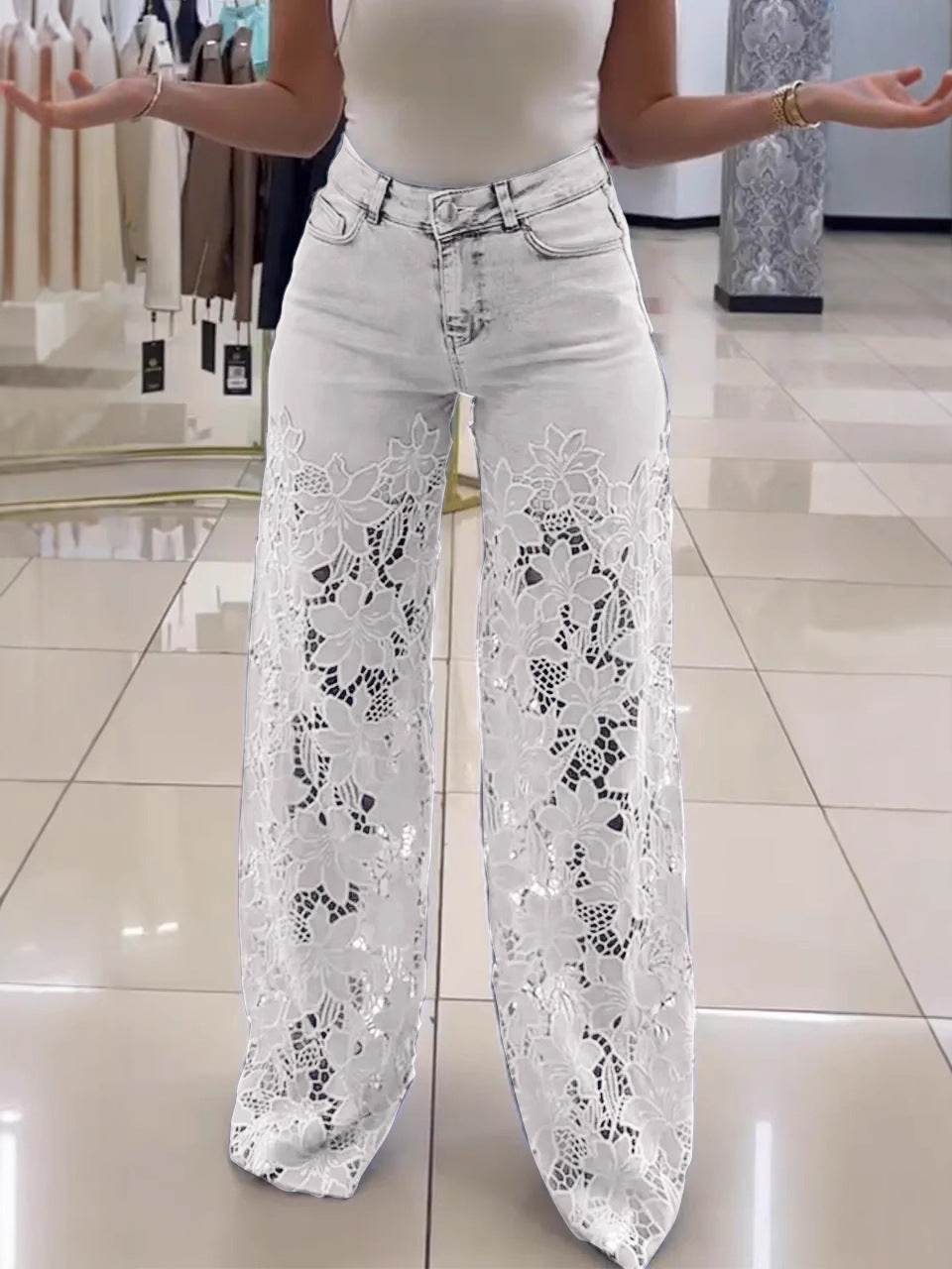 Jean femme taille haute fleurs dentelle Bien être style - Bien-être & style 