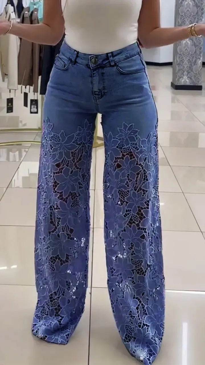 Jean femme taille haute fleurs dentelle Bien être style - Bien-être & style 
