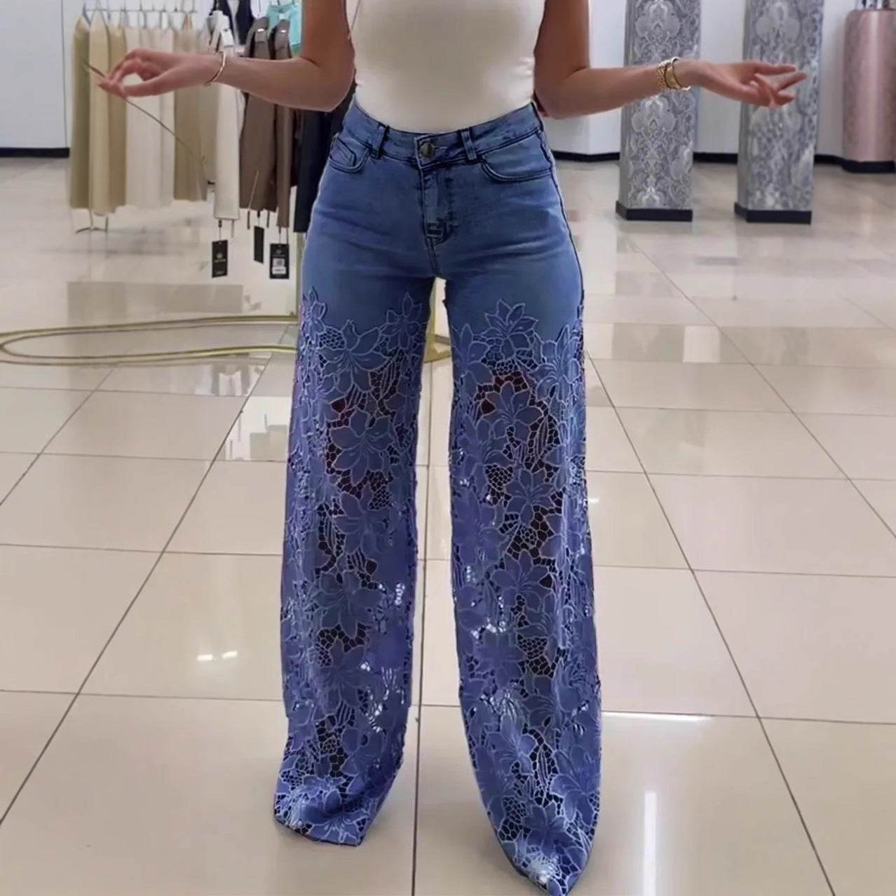 Jean femme taille haute fleurs dentelle Bien être style - Bien-être & style 