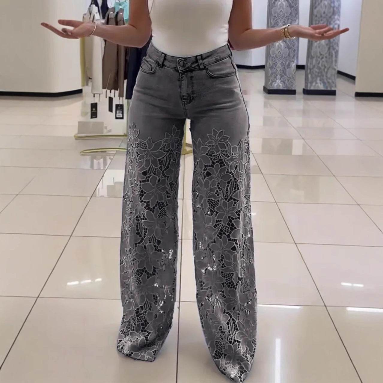Jean femme taille haute fleurs dentelle Bien être style - Bien-être & style 